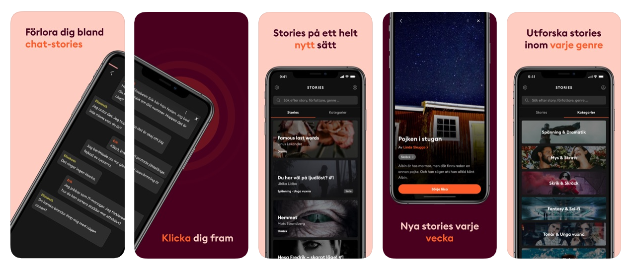 Screenshots of the Stories application 